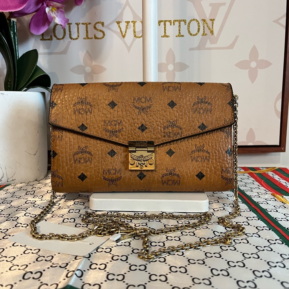 MCM Cognac Visetos Clutch with Gold Chain
